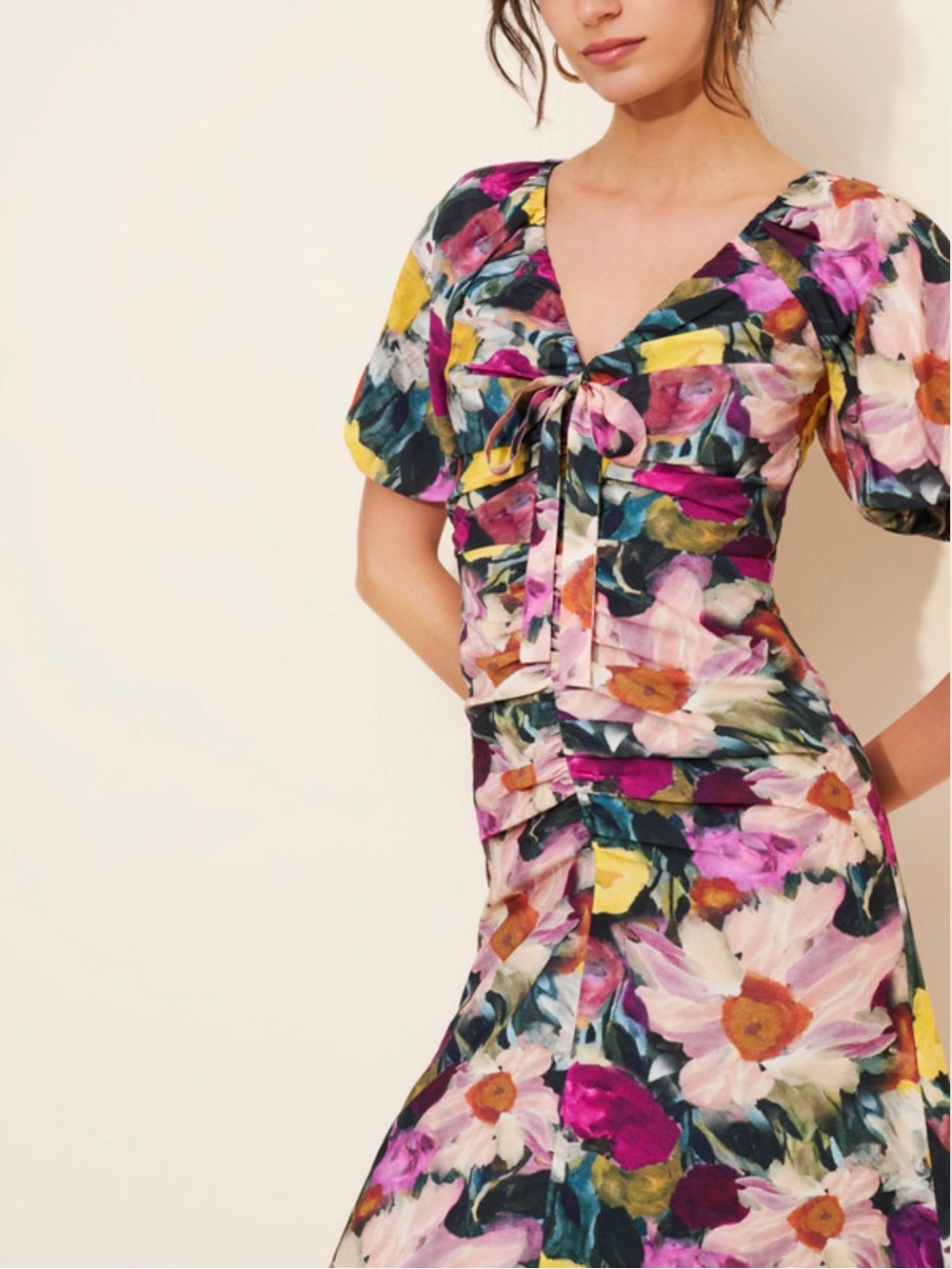Adelyn Rae Floral Ruched Tie Front Puff Sleeve Dress Women XS